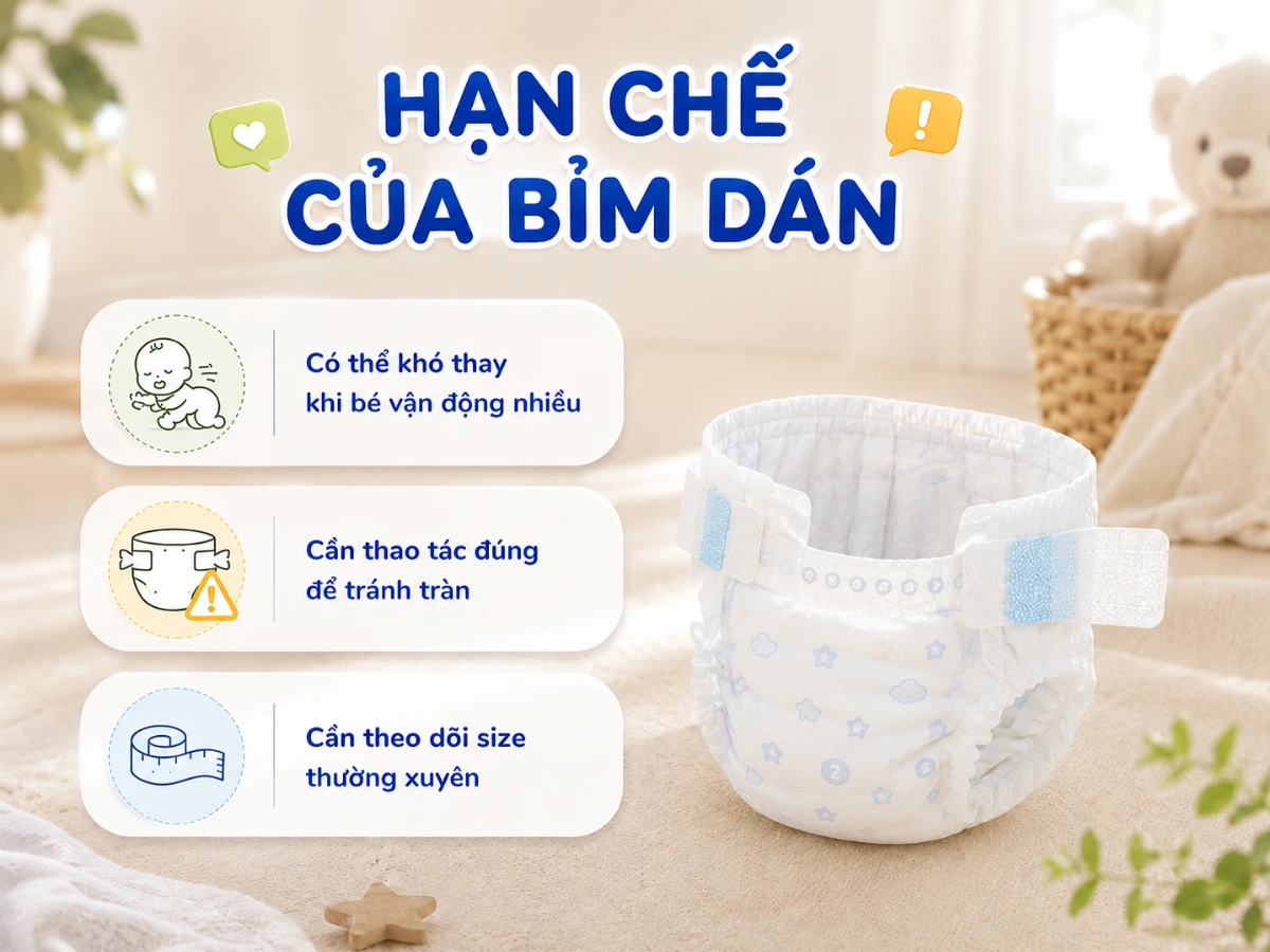 Hạn chế của bỉm dán ba mẹ nên lưu ý