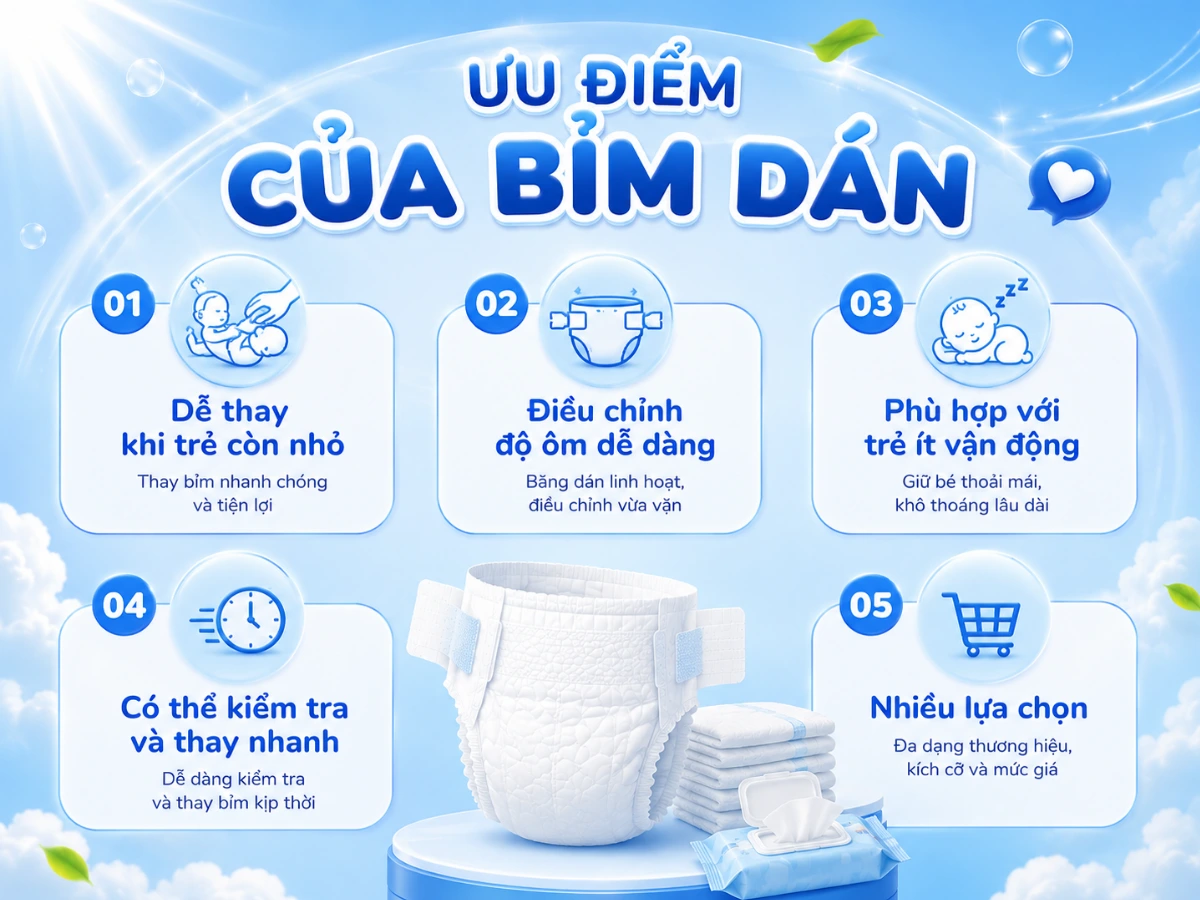 Ưu điểm của bỉm dán dành cho trẻ sơ sinh